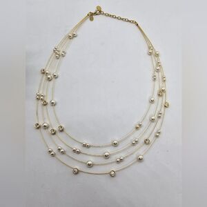 Vtg NOLAN MILLER Necklace Choker Floating Faux Pearls Rhinestones Glam Jewelry